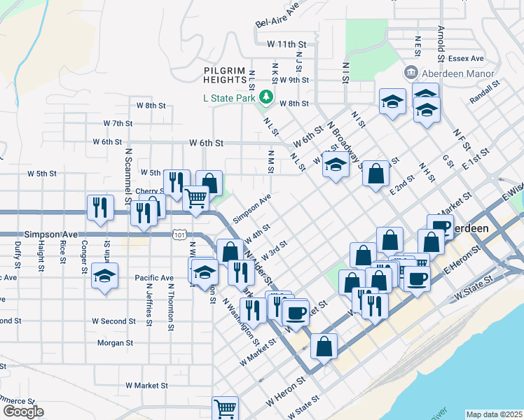 map of restaurants, bars, coffee shops, grocery stores, and more near 518 West 4th Street in Aberdeen