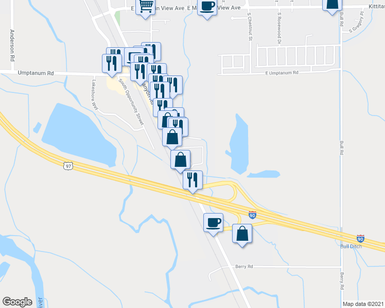 map of restaurants, bars, coffee shops, grocery stores, and more near 1700 Canyon Road in Ellensburg