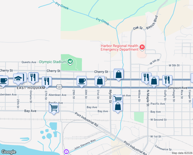 map of restaurants, bars, coffee shops, grocery stores, and more near 3022 Cherry Street in Hoquiam