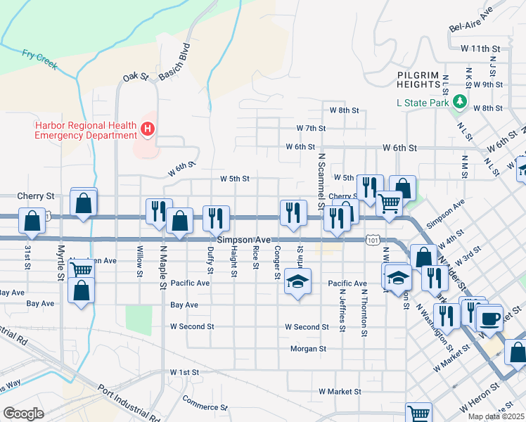 map of restaurants, bars, coffee shops, grocery stores, and more near 1918 Cherry Street in Aberdeen