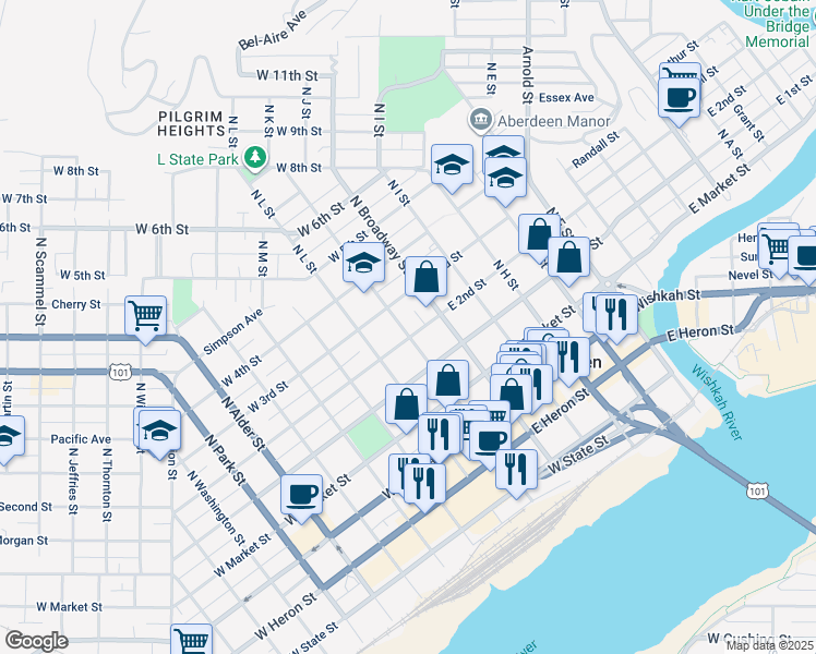 map of restaurants, bars, coffee shops, grocery stores, and more near 111 West 3rd Street in Aberdeen