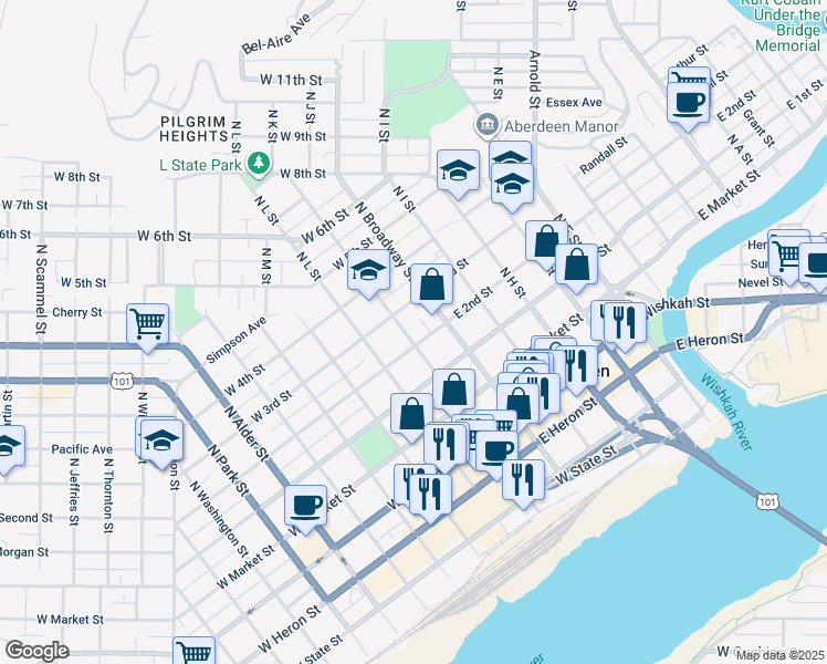 map of restaurants, bars, coffee shops, grocery stores, and more near 111 West 3rd Street in Aberdeen