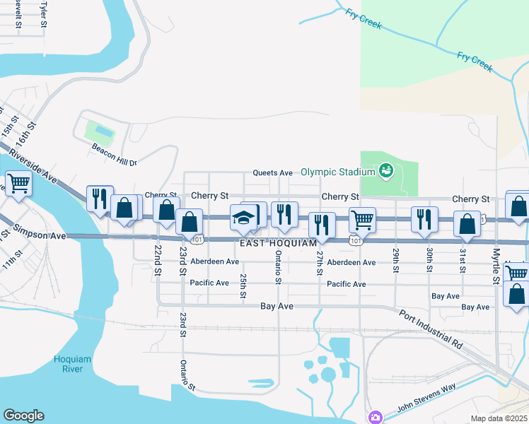 map of restaurants, bars, coffee shops, grocery stores, and more near 2512 Cherry Street in Hoquiam