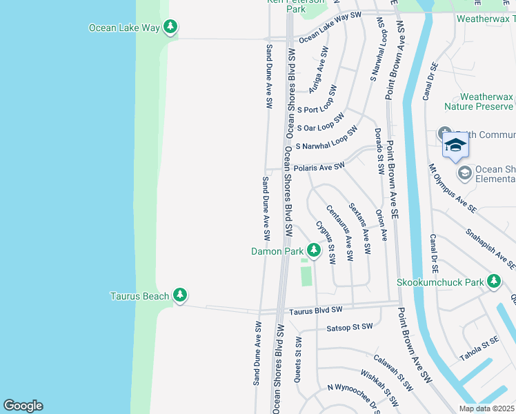 map of restaurants, bars, coffee shops, grocery stores, and more near 347 Sand Dune Avenue Southwest in Ocean Shores