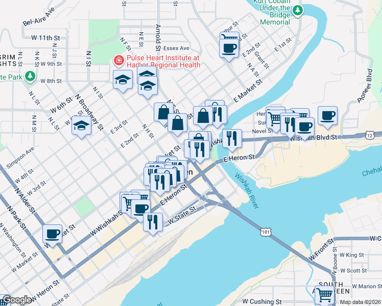 map of restaurants, bars, coffee shops, grocery stores, and more near 400 East Wishkah Street in Aberdeen
