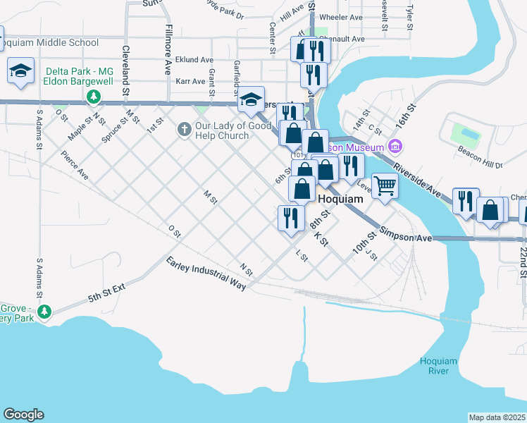 map of restaurants, bars, coffee shops, grocery stores, and more near 511 6th Street in Hoquiam