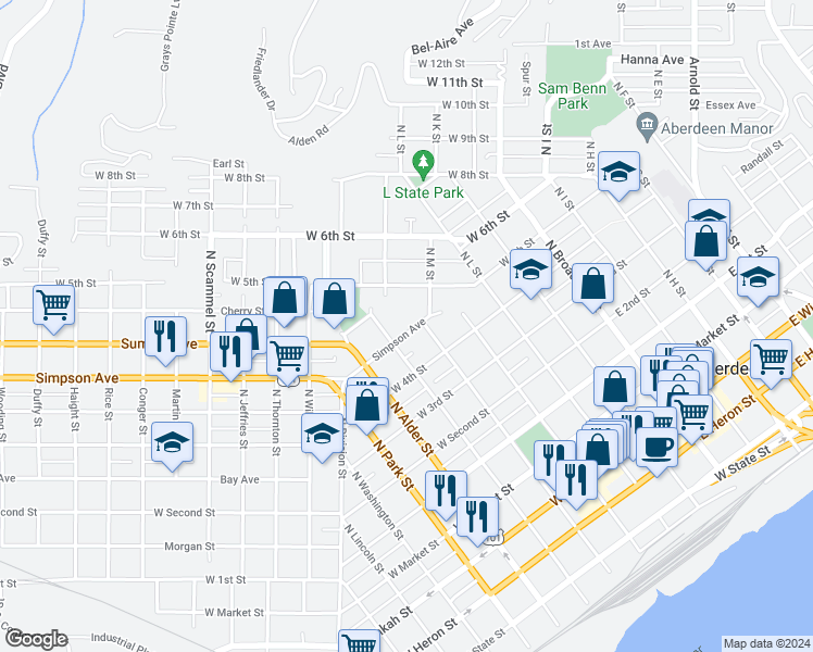 map of restaurants, bars, coffee shops, grocery stores, and more near 508 Simpson Avenue in Aberdeen