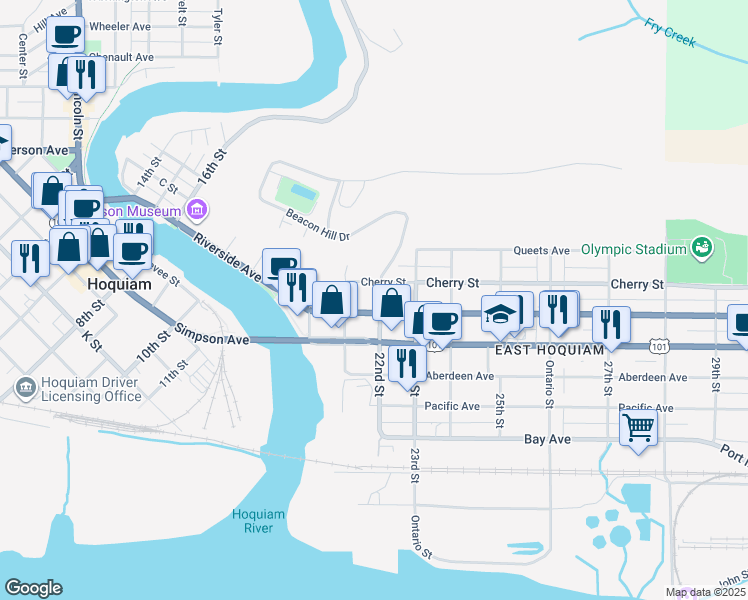 map of restaurants, bars, coffee shops, grocery stores, and more near 210 22nd Street in Hoquiam