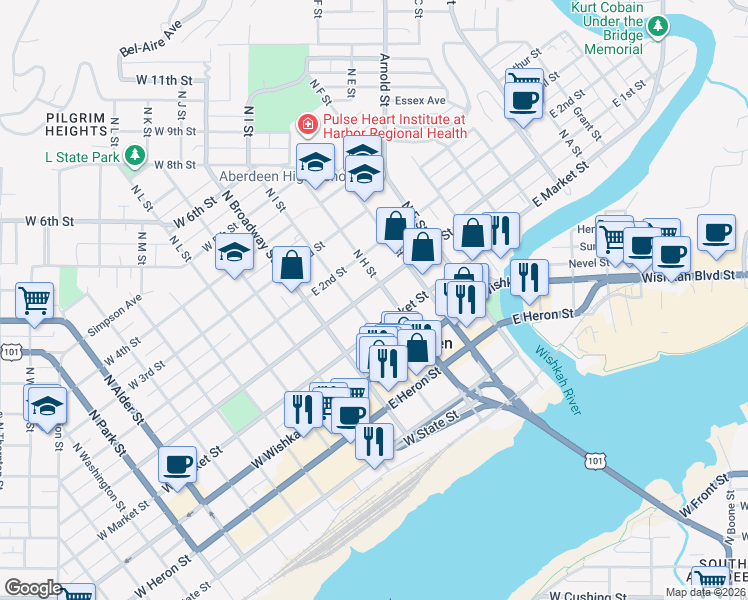 map of restaurants, bars, coffee shops, grocery stores, and more near 215 East 1st Street in Aberdeen