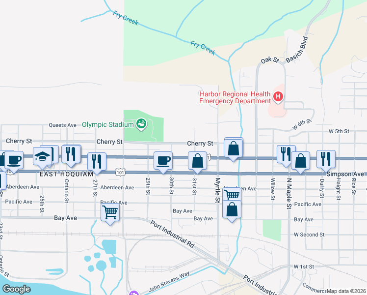 map of restaurants, bars, coffee shops, grocery stores, and more near 3022 Cherry Street in Hoquiam
