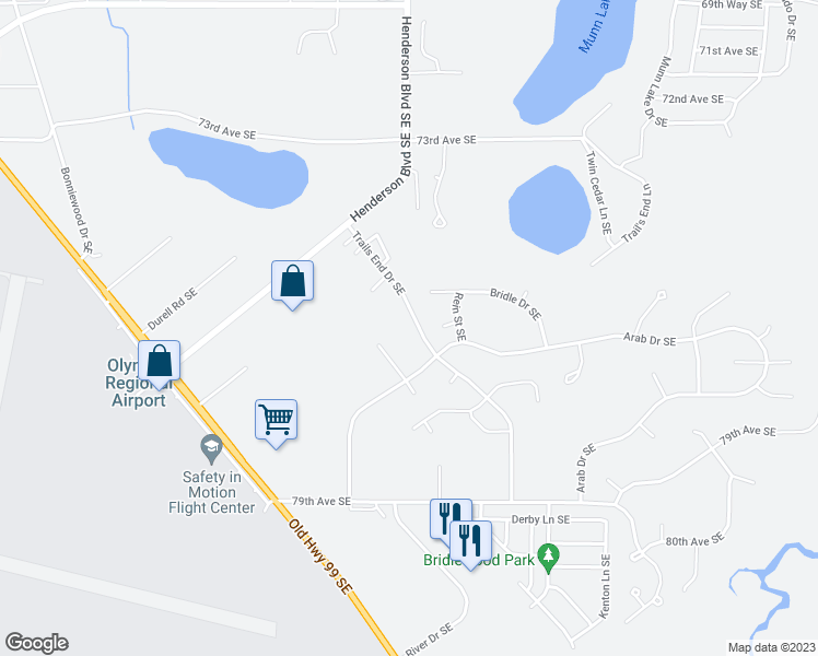 map of restaurants, bars, coffee shops, grocery stores, and more near 7609 Trails End Drive Southeast in Olympia