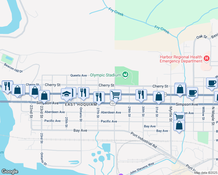 map of restaurants, bars, coffee shops, grocery stores, and more near 2730 Cherry Street in Hoquiam