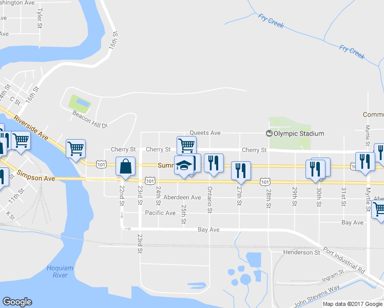 map of restaurants, bars, coffee shops, grocery stores, and more near 2512 Cherry Street in Hoquiam