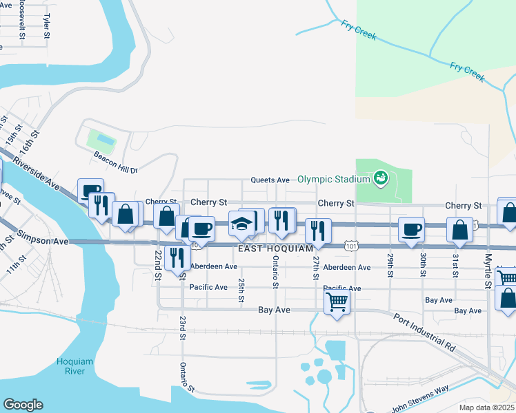 map of restaurants, bars, coffee shops, grocery stores, and more near 2520 Cherry Street in Hoquiam