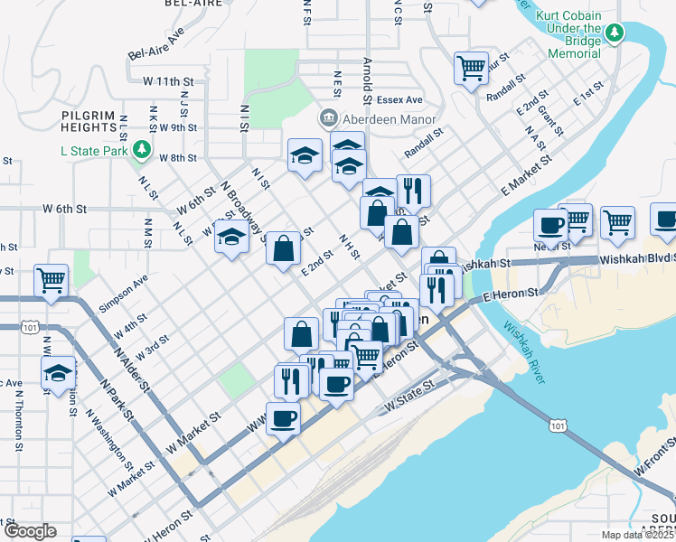 map of restaurants, bars, coffee shops, grocery stores, and more near 216 North I Street in Aberdeen