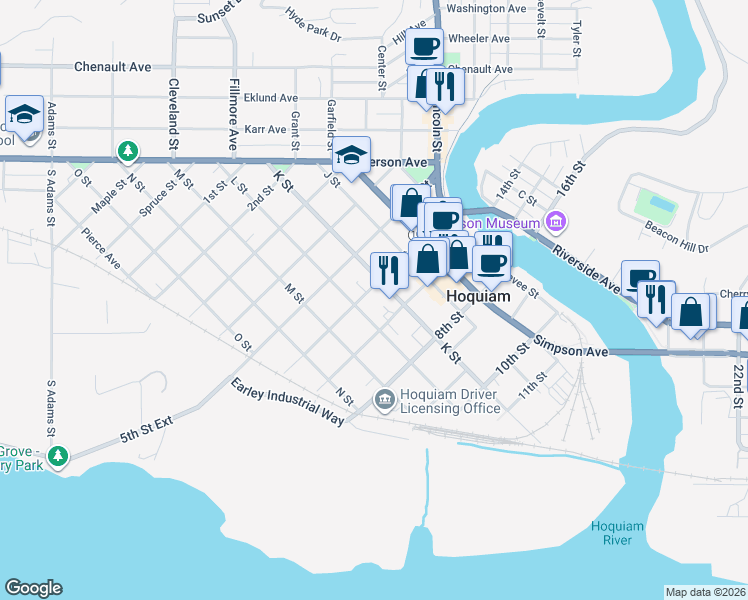 map of restaurants, bars, coffee shops, grocery stores, and more near 511 6th Street in Hoquiam