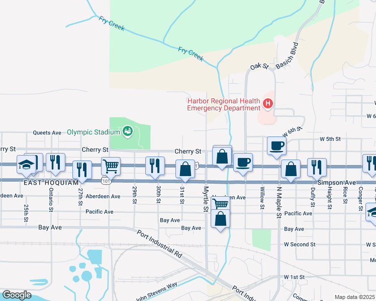 map of restaurants, bars, coffee shops, grocery stores, and more near 3101 Cherry Street in Hoquiam