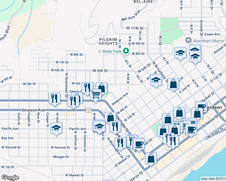 map of restaurants, bars, coffee shops, grocery stores, and more near 500 Sumner Avenue in Aberdeen