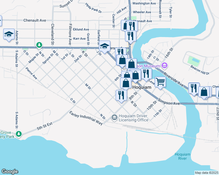 map of restaurants, bars, coffee shops, grocery stores, and more near 515 6th Street in Hoquiam