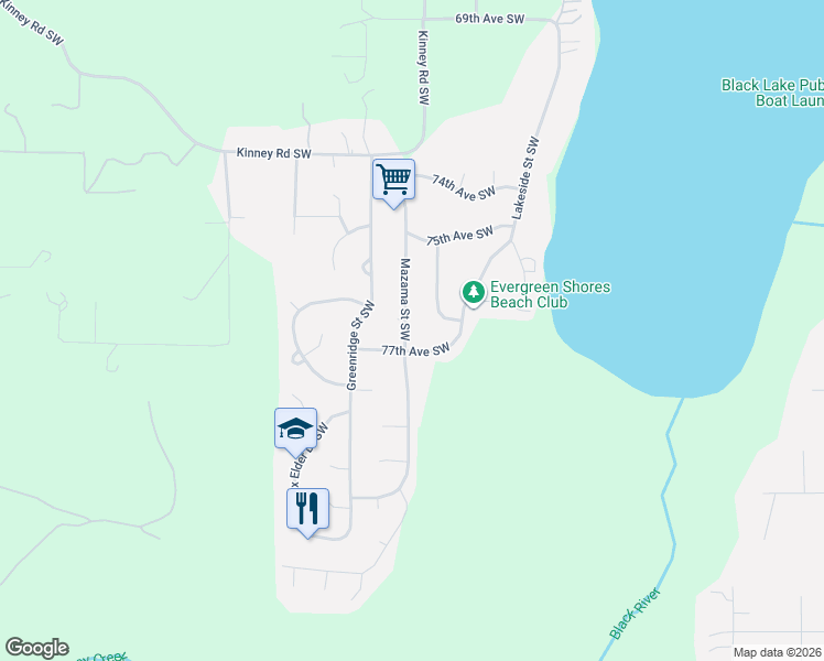 map of restaurants, bars, coffee shops, grocery stores, and more near 7620 Mazama Street Southwest in Olympia