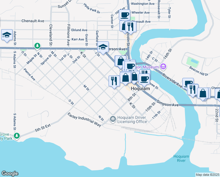 map of restaurants, bars, coffee shops, grocery stores, and more near 511 6th Street in Hoquiam