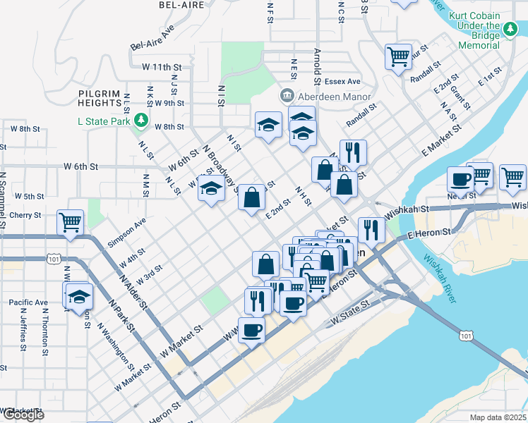 map of restaurants, bars, coffee shops, grocery stores, and more near 100 East 2nd Street in Aberdeen