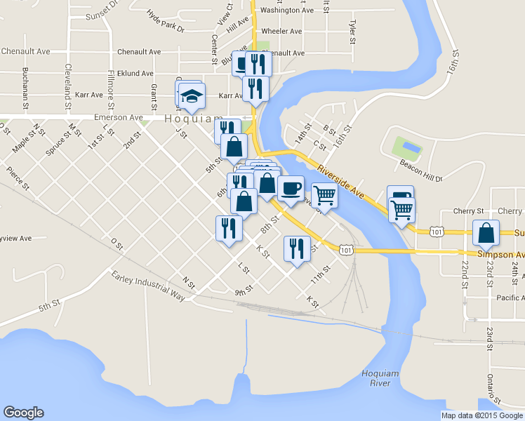 map of restaurants, bars, coffee shops, grocery stores, and more near 719 J Street in Hoquiam