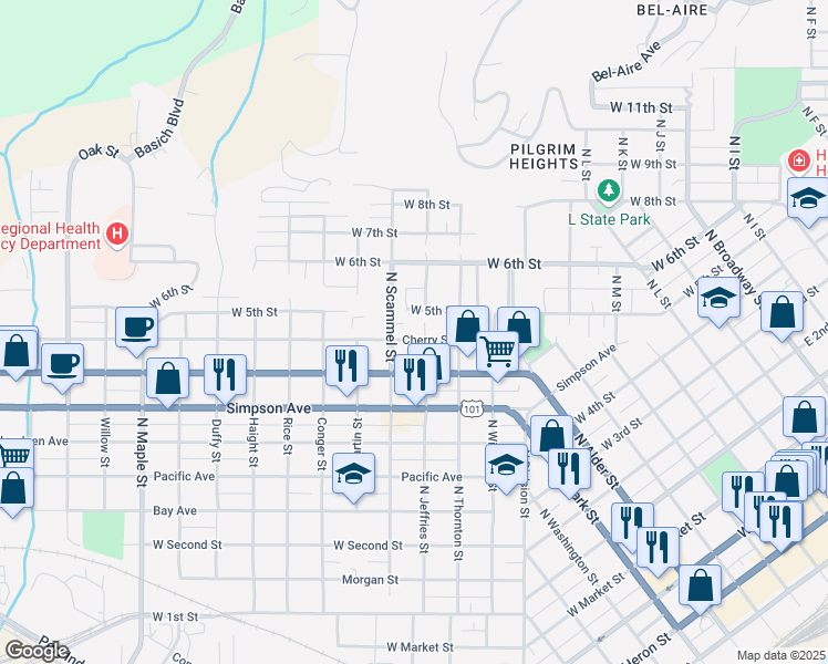 map of restaurants, bars, coffee shops, grocery stores, and more near 1604 Cherry Street in Aberdeen