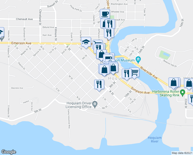 map of restaurants, bars, coffee shops, grocery stores, and more near 621 K St in Hoquiam
