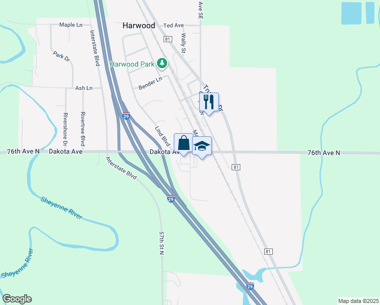 map of restaurants, bars, coffee shops, grocery stores, and more near 109 Freedland Drive in Harwood