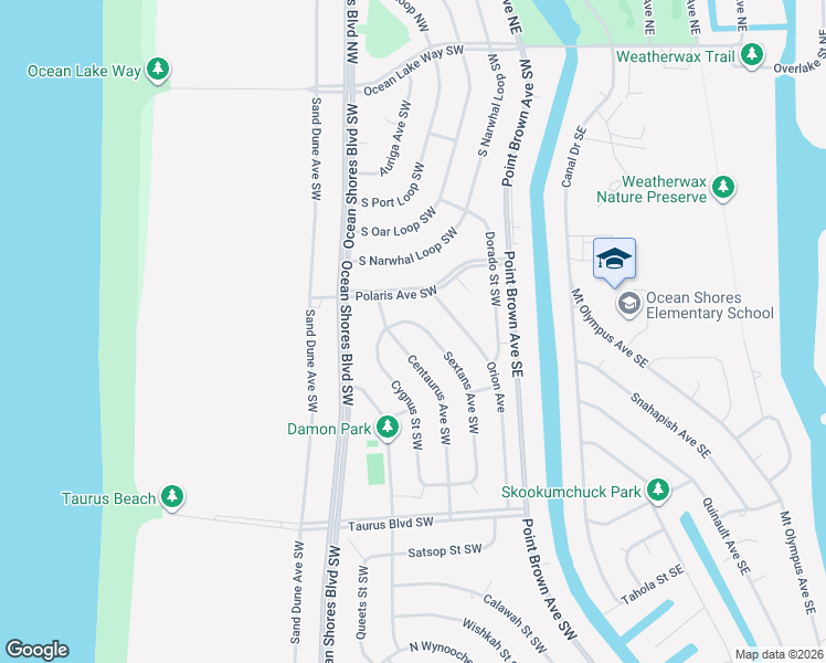 map of restaurants, bars, coffee shops, grocery stores, and more near 351 Sextans Avenue Southwest in Ocean Shores
