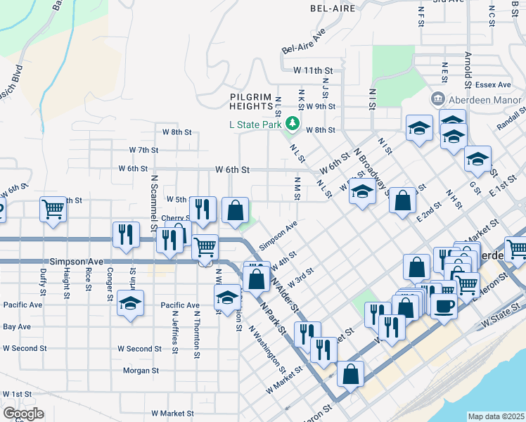 map of restaurants, bars, coffee shops, grocery stores, and more near 500 Sumner Avenue in Aberdeen