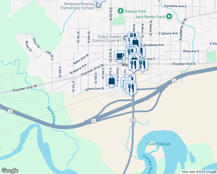 map of restaurants, bars, coffee shops, grocery stores, and more near 402 Arland Avenue West in Montesano