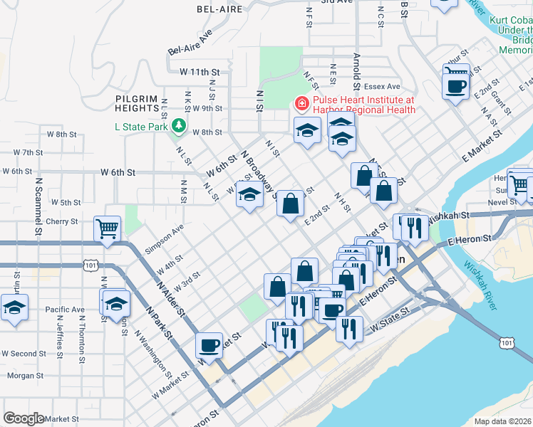 map of restaurants, bars, coffee shops, grocery stores, and more near 111 West 3rd Street in Aberdeen