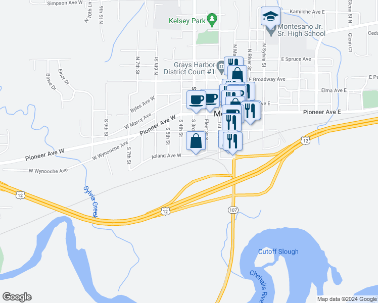 map of restaurants, bars, coffee shops, grocery stores, and more near 402 Arland Avenue West in Montesano