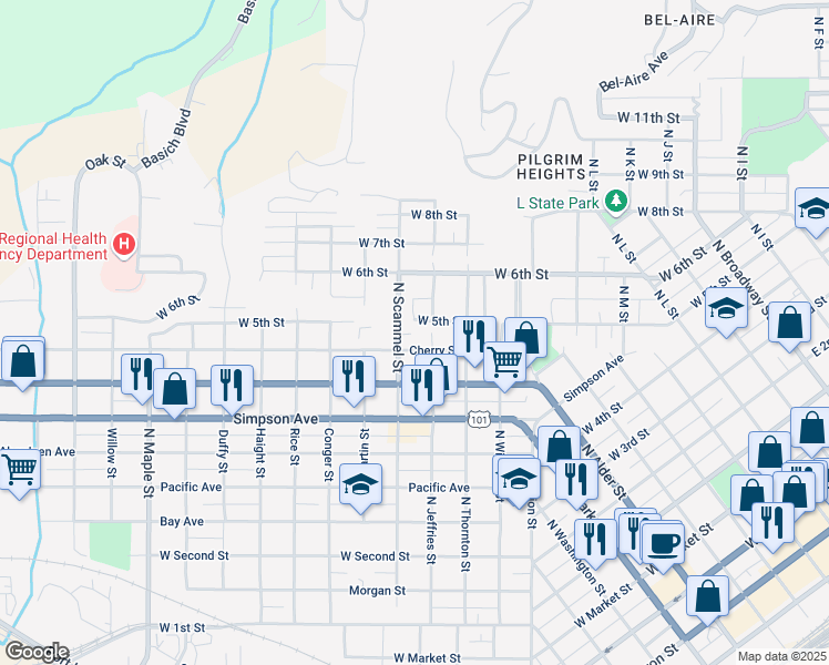 map of restaurants, bars, coffee shops, grocery stores, and more near 1604 Cherry Street in Aberdeen