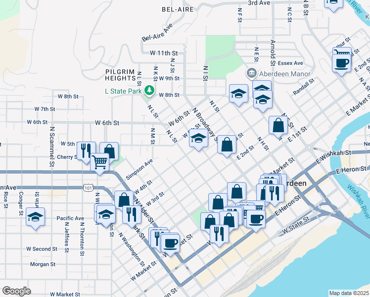 map of restaurants, bars, coffee shops, grocery stores, and more near 300 West 4th Street in Aberdeen