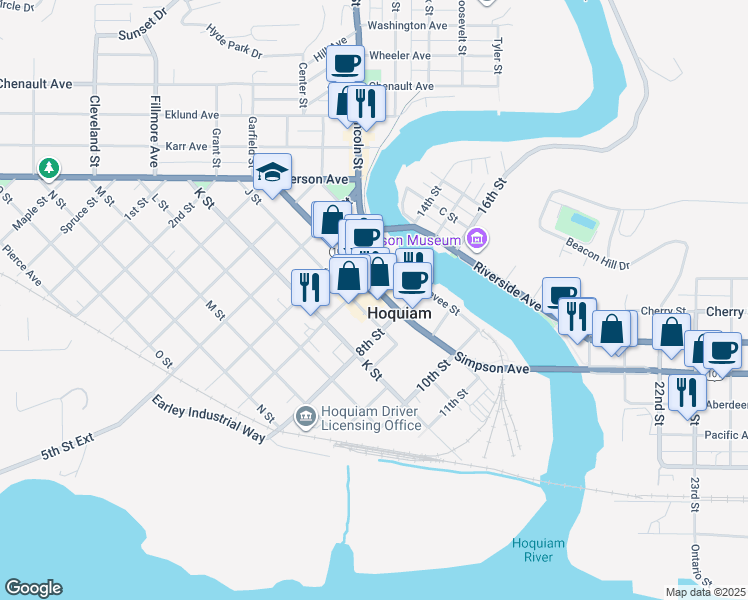 map of restaurants, bars, coffee shops, grocery stores, and more near 719 J Street in Hoquiam