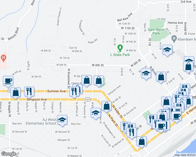 map of restaurants, bars, coffee shops, grocery stores, and more near 1303 West 5th Street in Aberdeen