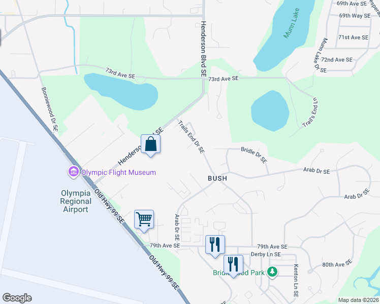 map of restaurants, bars, coffee shops, grocery stores, and more near 7608 Stable Court Southeast in Olympia