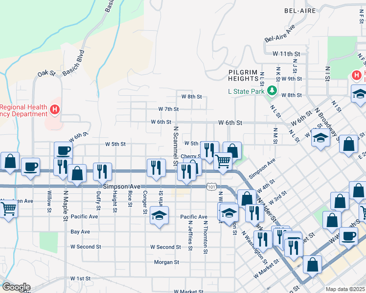 map of restaurants, bars, coffee shops, grocery stores, and more near 1604 Cherry Street in Aberdeen