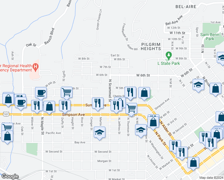 map of restaurants, bars, coffee shops, grocery stores, and more near 1604 Cherry Street in Aberdeen