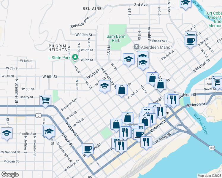 map of restaurants, bars, coffee shops, grocery stores, and more near 111 West 3rd Street in Aberdeen