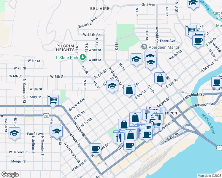 map of restaurants, bars, coffee shops, grocery stores, and more near 409 North K Street in Aberdeen