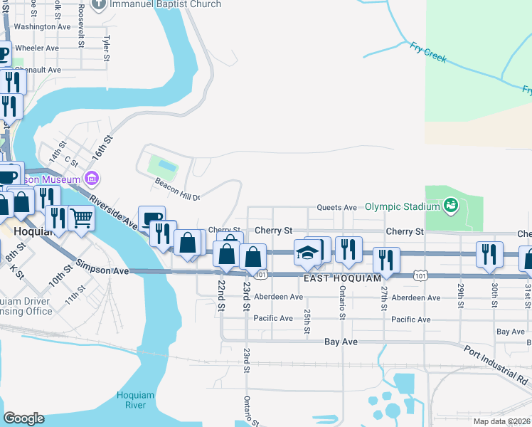 map of restaurants, bars, coffee shops, grocery stores, and more near 2325 Queets Avenue in Hoquiam