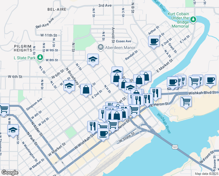 map of restaurants, bars, coffee shops, grocery stores, and more near 301 North G Street in Aberdeen
