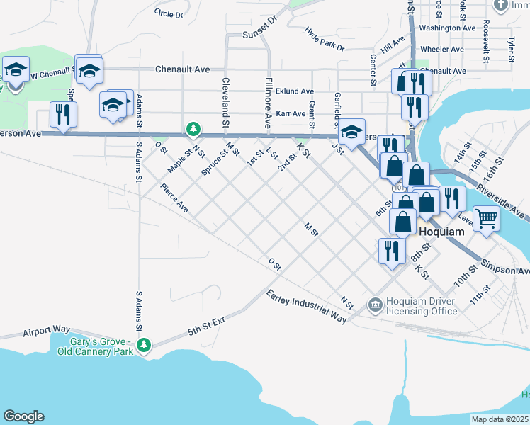 map of restaurants, bars, coffee shops, grocery stores, and more near 702 3rd Street in Hoquiam