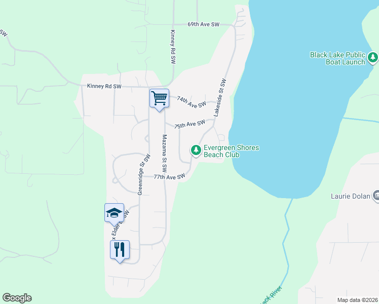 map of restaurants, bars, coffee shops, grocery stores, and more near 7518 Sprucecrest Street Southwest in Olympia