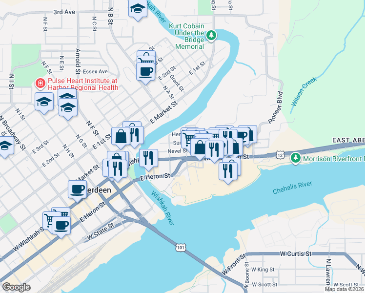 map of restaurants, bars, coffee shops, grocery stores, and more near 101 South Newell Street in Aberdeen