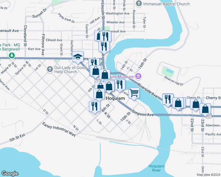 map of restaurants, bars, coffee shops, grocery stores, and more near 703 Simpson Avenue in Hoquiam